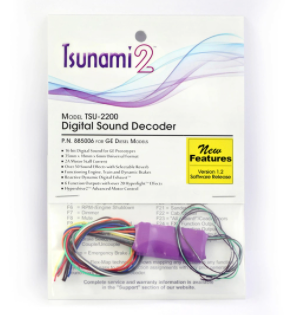 Packaging of Soundtraxx Tsunami TSU-2200 Digital Sound Decoder, showing the product and its wires.