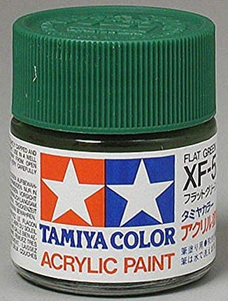 A 23ml tube of Tamiya brand flat green acrylic paint for model making.