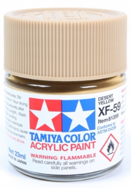 A jar of Tamiya brand acrylic paint in Desert Yellow color, marked as flammable.
