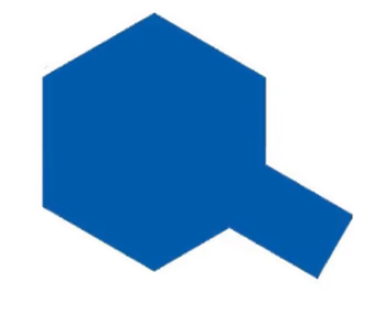 A small blue model of a house with a gloss finish, part of the Tamiya X-4 series acrylic paints.