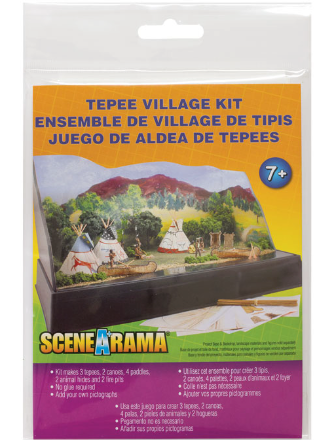 Packaging for a Teepee Village Kit model train accessory, featuring an illustration of teepees and a canoe scene on the front.