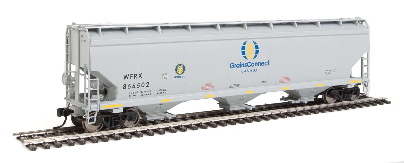 Walthers 60' NSC 5150 3-Bay Covered Hopper - Ready to Run -- Grain Connect Canada WFRX #856502 (gray, black; Blue & Yellow Logo)
