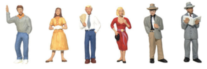 A set of six miniature figures designed for model train setups, featuring four men and two women in various poses of conversation, reading, or waiting.