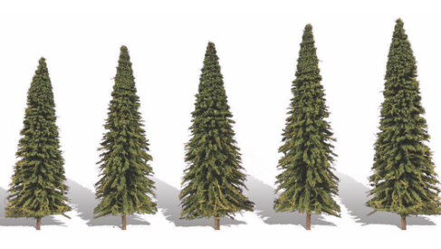 A set of three green model trees with flexible trunks, designed for use in model train setups.