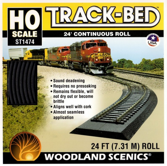 HO Scale track-bed roll product packaging showing the product in use with a model train on top, and descriptive text around it.