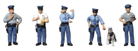 A set of three figurines depicting different styles of policemen, with one holding a gun, another writing a ticket, and the third eating a doughnut. A fourth figure, a dog, is also included, dressed as a cop.