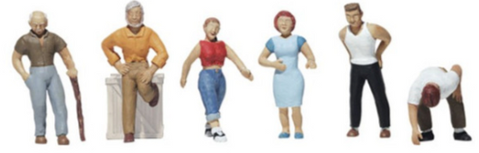 A set of six miniature figures designed for HO scale modeling, featuring various everyday characters in different poses and outfits.