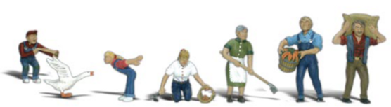 A set of model figures representing farm people in 1857, including a girl teasing a goose, a boy with a slingshot, a woman in an apron using a hoe, and a man carrying a bucket. Another man is depicted hauling a feed sack on his back.