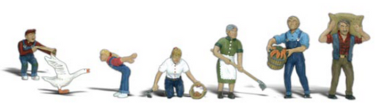 A set of model figures representing farm people in 1857, including a girl teasing a goose, a boy with a slingshot, a woman in an apron using a hoe, and a man carrying a bucket. Another man is depicted hauling a feed sack on his back.