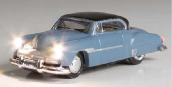 Blue car with working lights