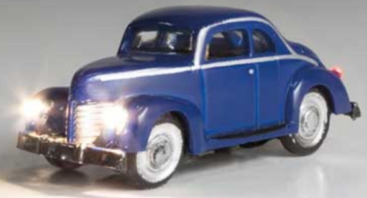Blue car with working lights