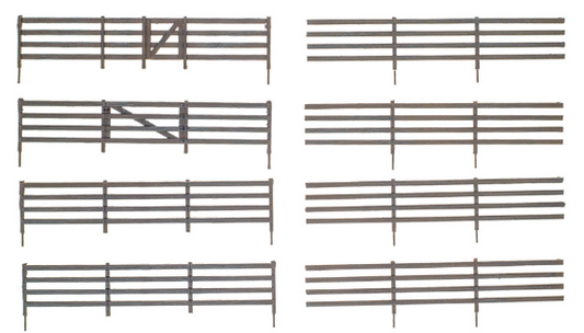 A series of O scale rail fence model parts, featuring various lengths of fence panels and gates, all in black.