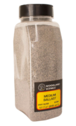 A shaker of Woodland Scenics Medium Ballast Gray Blend, used for model train purposes.