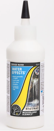A bottle of Woodland Scenics Water Effects modeling material designed for adding water features to model setups.