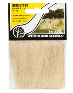 Packaging of Woodland Scenics model tall grasses, displaying the product and its details such as 'Model Height 8-10mm', 'Natural Product', and 'Realistic Color'. The package also includes a picture of the grass in a natural setting.