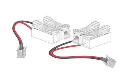 A set of six white splicer plugs with red wires, designed for model train setups.