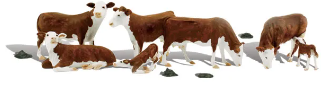 A set of model figures depicting two calves and five adult Hereford cows in various poses, used for train sets.