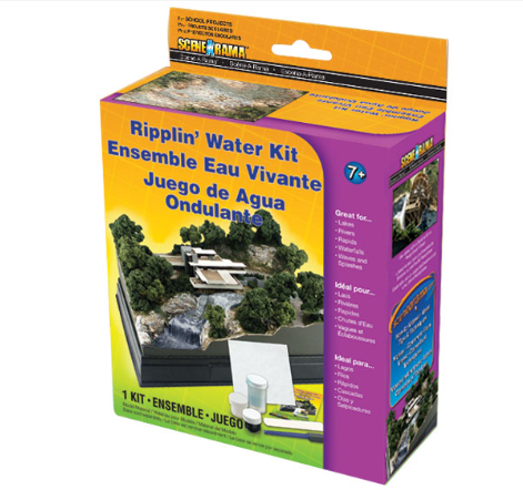 Packaging for Woodland Scenics Ripplin' Water Kit, showing the box with images and text describing the product.