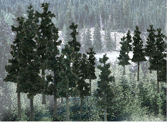 A set of model trees with a coniferous theme, likely used for model train setups.