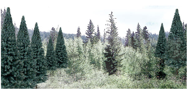 A set of model train trees with a bluish-green tint, designed to complement a model train setup. The trees appear to be potted, indicating they are ready for planting.