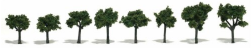 Three medium green model trees with detachable bases designed for use in model train sets, displayed side by side.
