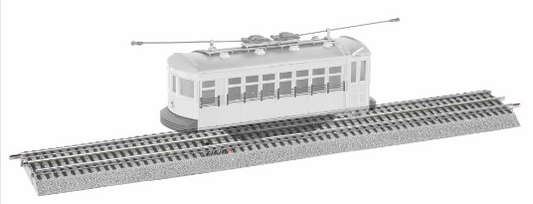 A toy train track section with a white trolley car on the tracks, designed for recording station announcements.