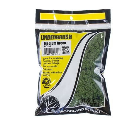 Packaging of Woodland Scenics Underbrush Medium Green Bag for model train scenery